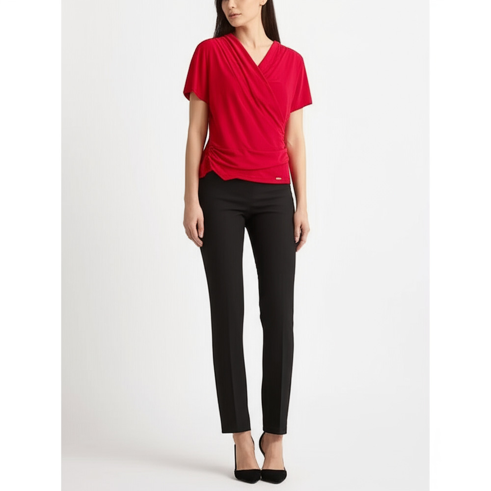 T TAHARI Blouse Size M Red Draped V Neck Short Sleeve Jersey Knit Faux Wrap Top - Picture 3 of 10
